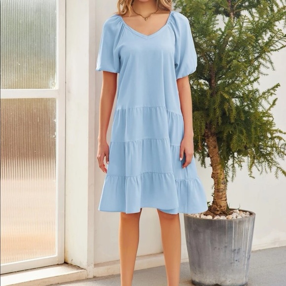 NWOT Kate Kasin SHEIN light blue knee length dress removable belt, size small - Picture 5 of 7